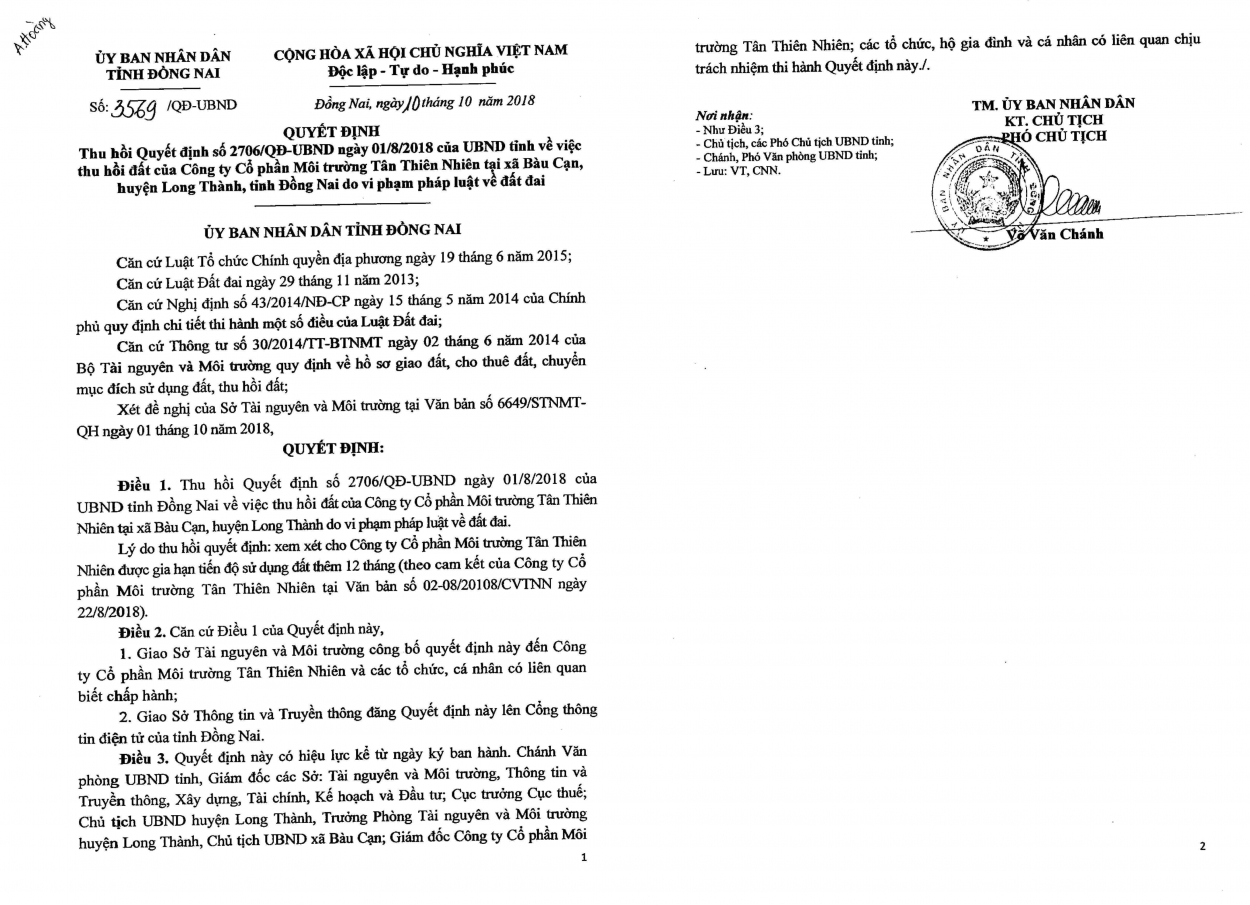 Quyết định số 3569/QĐ-UBND ngày 10/10/2018 về việc Thu hồi quyết định số 2706/QĐ-UBND trước đó.