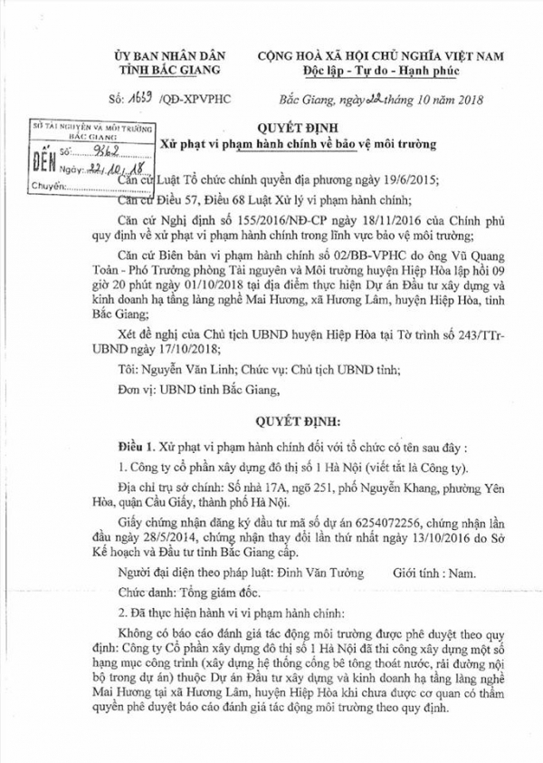 Bắc Giang: Xử phạt 400 triệu đồng với Công ty Cổ phần Xây dựng Đô thị số 1 Hà Nội