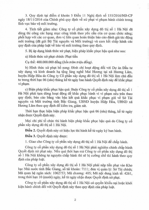 Bắc Giang: Xử phạt 400 triệu đồng với Công ty Cổ phần Xây dựng Đô thị số 1 Hà Nội