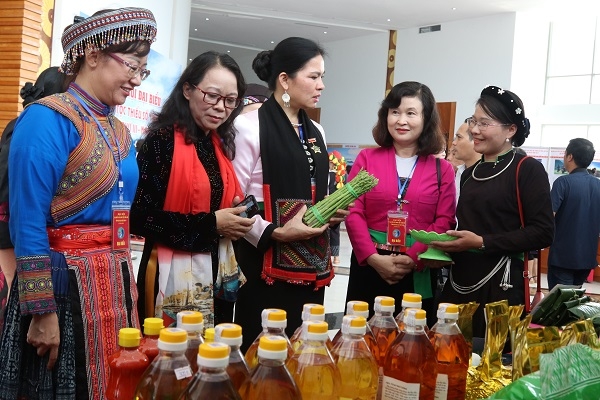 Thứ trưởng, Phó Chủ nhiệm UBDT Hoàng Thị Hạnh tham quan các gian trưng bày tại Đại hội