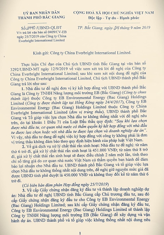 UBND TP Bắc Giang đã bác nhiều yêu sách của Nhà đầu tư Trung Quốc đề nghị khi làm dự án xử lý rác thải