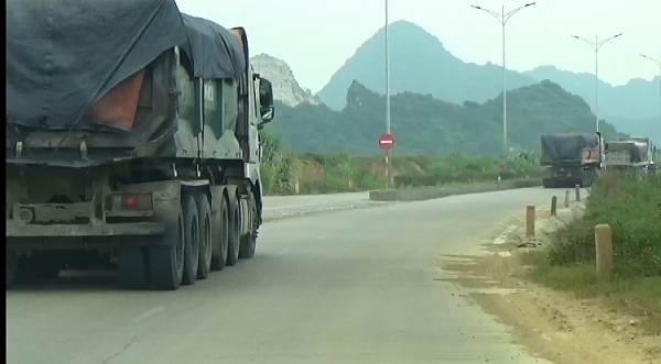 Binh đoàn xe quá tải chở hàng vào nhà máy xi măng Long Sơn.