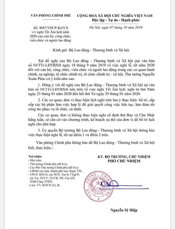 Thủ tướng đồng ý với phương án nghỉ Tết Nguyên đán của Bộ Lao động – Thương binh và Xã hội