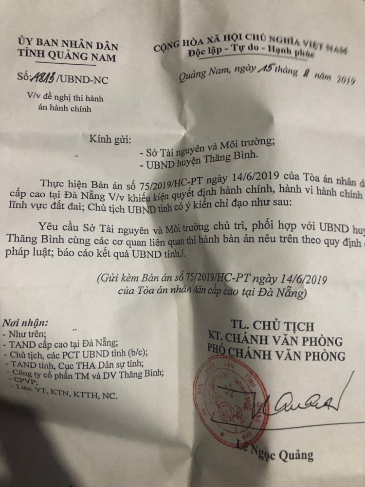 Mặc dù UBND tỉnh Quảng Nam đã có văn bản yêu cầu thi hành bản án nhưng cơ quan, đơn vị liên quan của Quảng Nam vẫn yên lặng