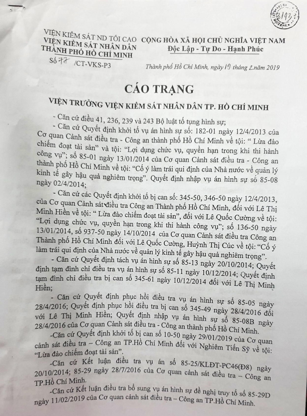 Cáo trạng của Viện kiểm sát nhân dân TP HCM