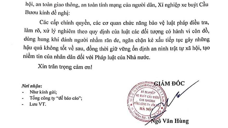 Văn bản Xí nghiệp xe Buýt Cầu Bươu gửi tới các cơ quan chức năng