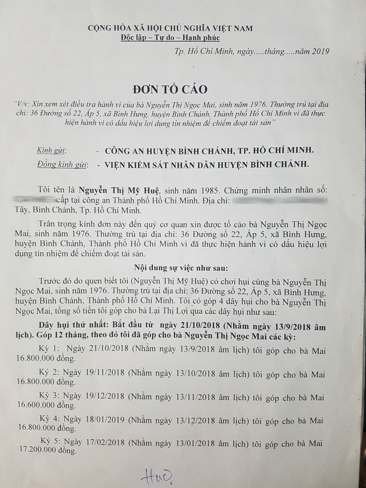 Đơn tố cáo bà Mai về hành vi “Lạm dụng tín nhiệm chiếm đoạt tài sản” trong vụ vỡ hụi