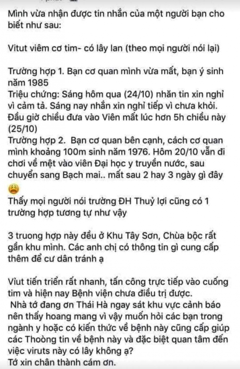 Thông tin vô căn cứ về bệnh dịch viêm cơ tim được chia sẻ rộng rãi khiến người dân lo sợ, bác sĩ khẳng định đó là nhảm nhí.