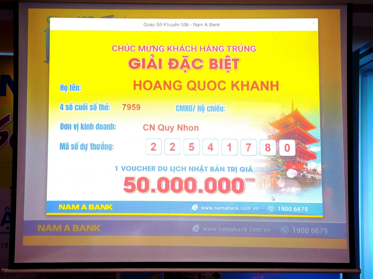 Nam A Bank đã tìm ra chủ nhân chiếc vé du lịch Nhật Bản trị giá 50.000.000 VNĐ là khách hàng Hoàng Quốc Khánh thuộc Nam A Bank Quy Nhơn