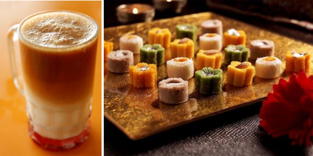 Món trà sữa sủi bọt Teh Tarik (trái) và mithai - món tráng miệng truyền thống của Ấn Độ (phải).