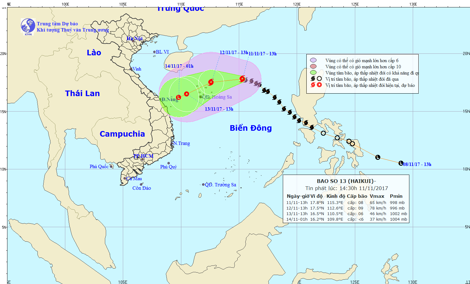 Bão số 13 cách quần đảo Hoàng Sa khoảng 450km về phía Đông Đông Bắc