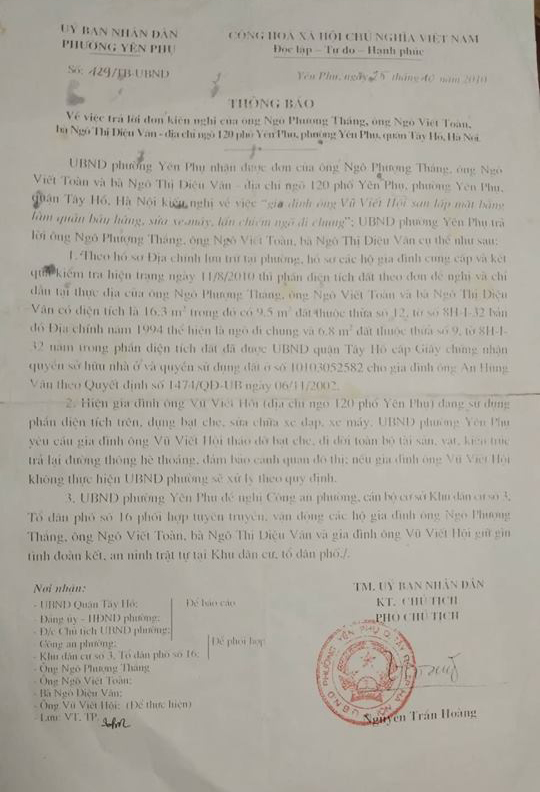 Văn bản trả lời đơn thư của ông Ngô Viết Toàn, có nội dung liên quan đến ngõ đi chung.