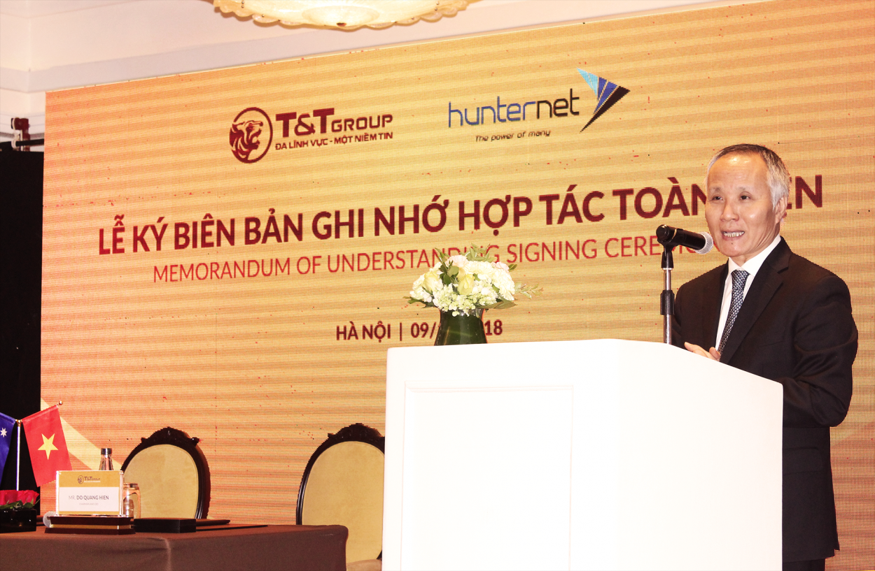Thứ trưởng Bộ Công thương Trần Quốc Khánh phát biểu tại Lễ ký kết Biên bản ghi nhớ hợp tác toàn diện giữa Tập đoàn T&amp;T Group và Hiệp hội Doanh nghiệp HunterNet