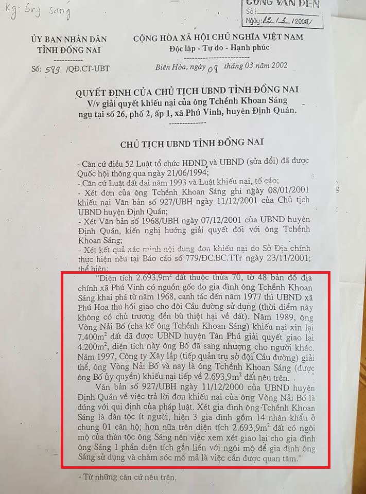 Quyết định số 589/QĐCT-UBT ngày 8/3/2002 của Chủ tịch UBND tỉnh Đồng Nai về giải quyết đơn khiếu nại, thừa nhận phần đất này là do gia đình ông Sáng khai phá