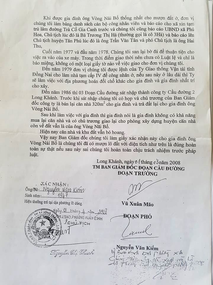 Xác nhận của nguyên lãnh đạo Đội cầu đường cũ trước đây đã mượn đất của gia đình ông Sáng