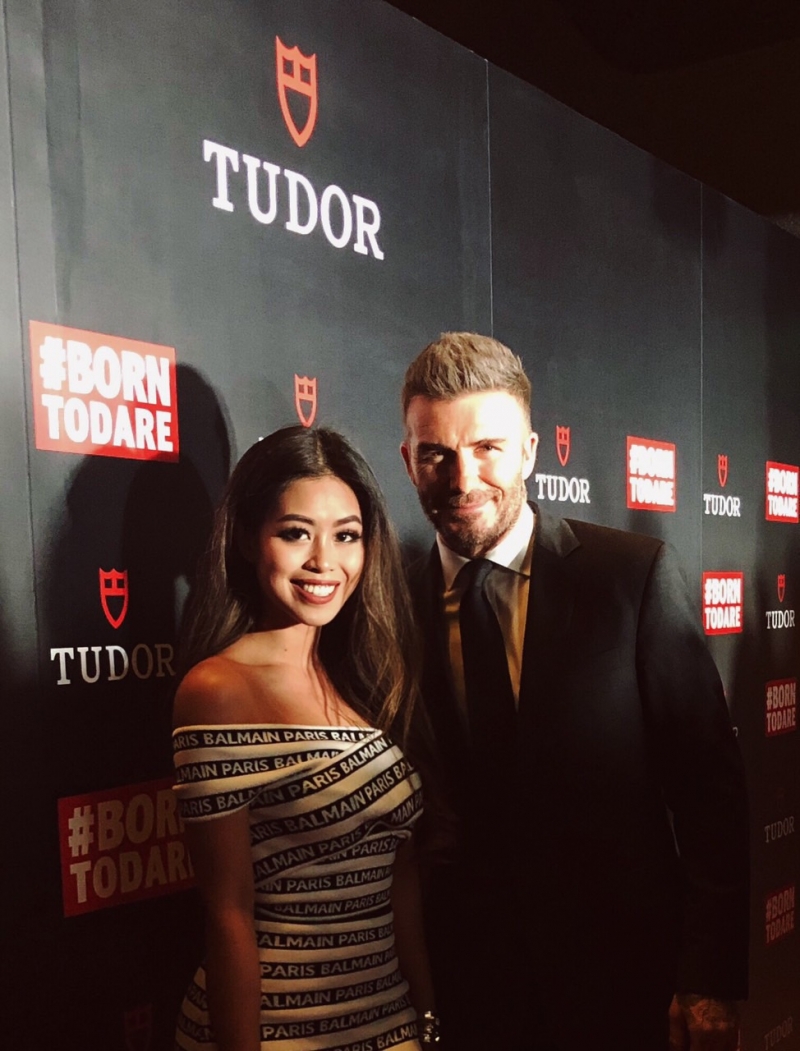 Thảo Tiên và David Beckham tại sự kiện của thương hiệu đồng hồ nổi tiếng Tudor do Beckham là gương mặt đại diện