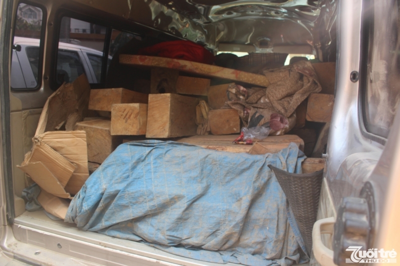 Một lượng lớn gỗ xẻ chất đầy khoang xe khách