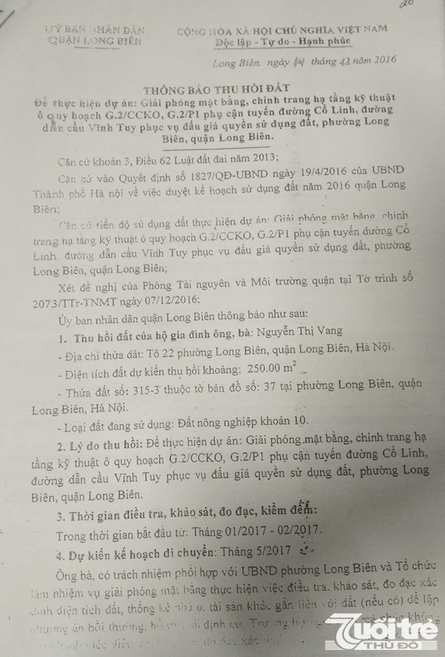 Thông báo thu hồi đất của UBND quận Long Biên.