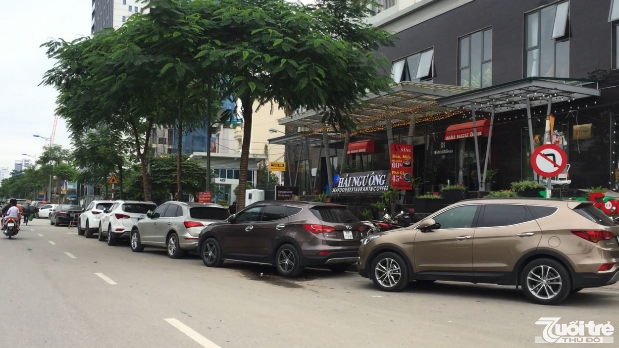 Hàng dài xe ô tô đỗ dưới lòng đường trước cửa nhà hàng Hải Ngư Ông.