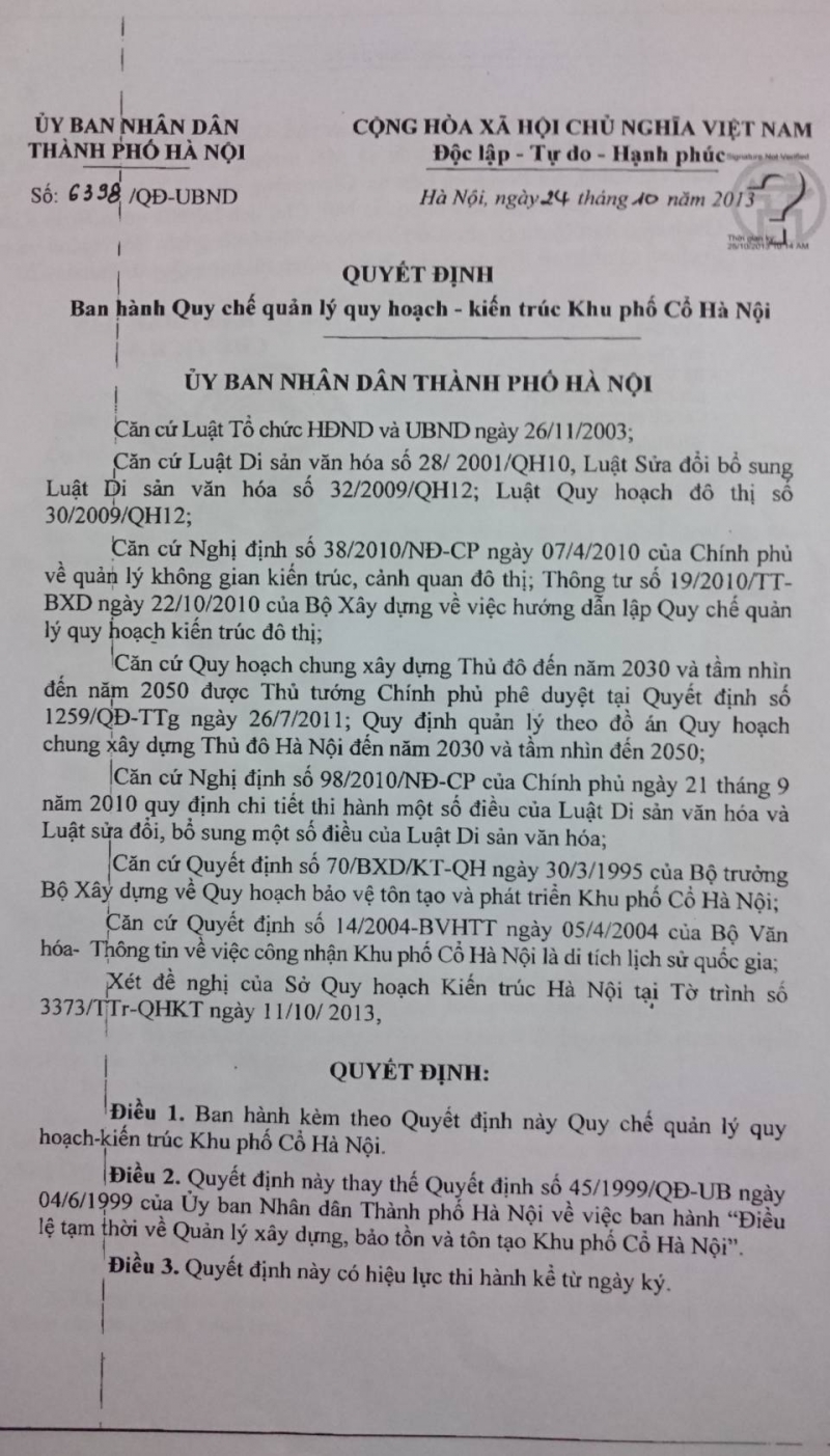 Quyết định của UBND TP Hà Nội về Quy chế quản lý quy hoạch - kiến trúc Khu phố Cổ Hà Nội