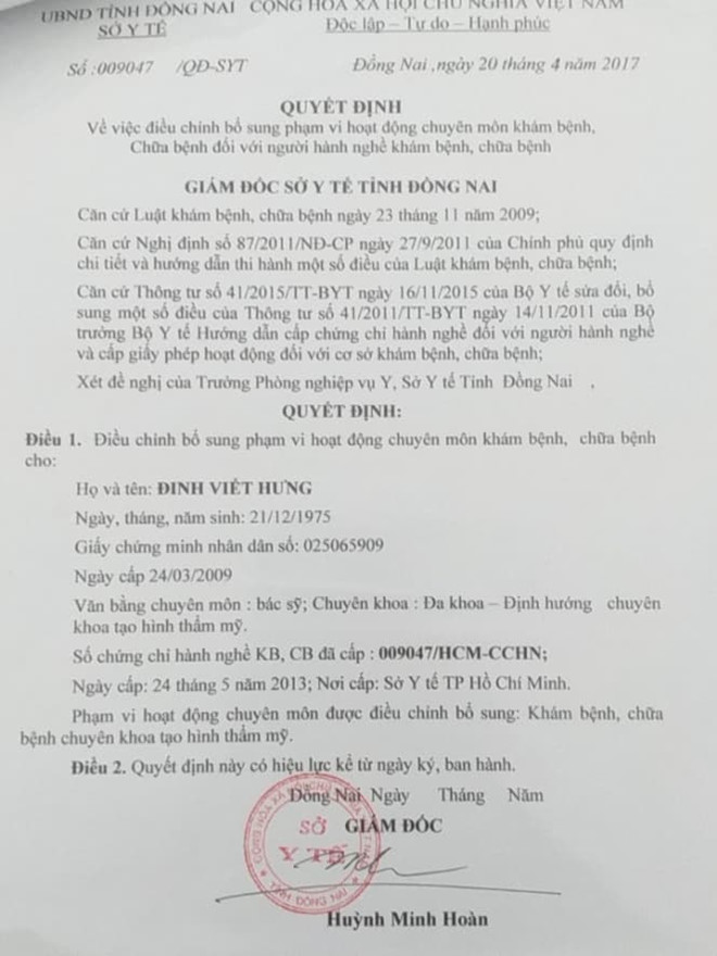 Quyết định bổ sung phạm vi hành nghề của bác sĩ Đinh Viết Hưng có dấu hiệu giả mạo