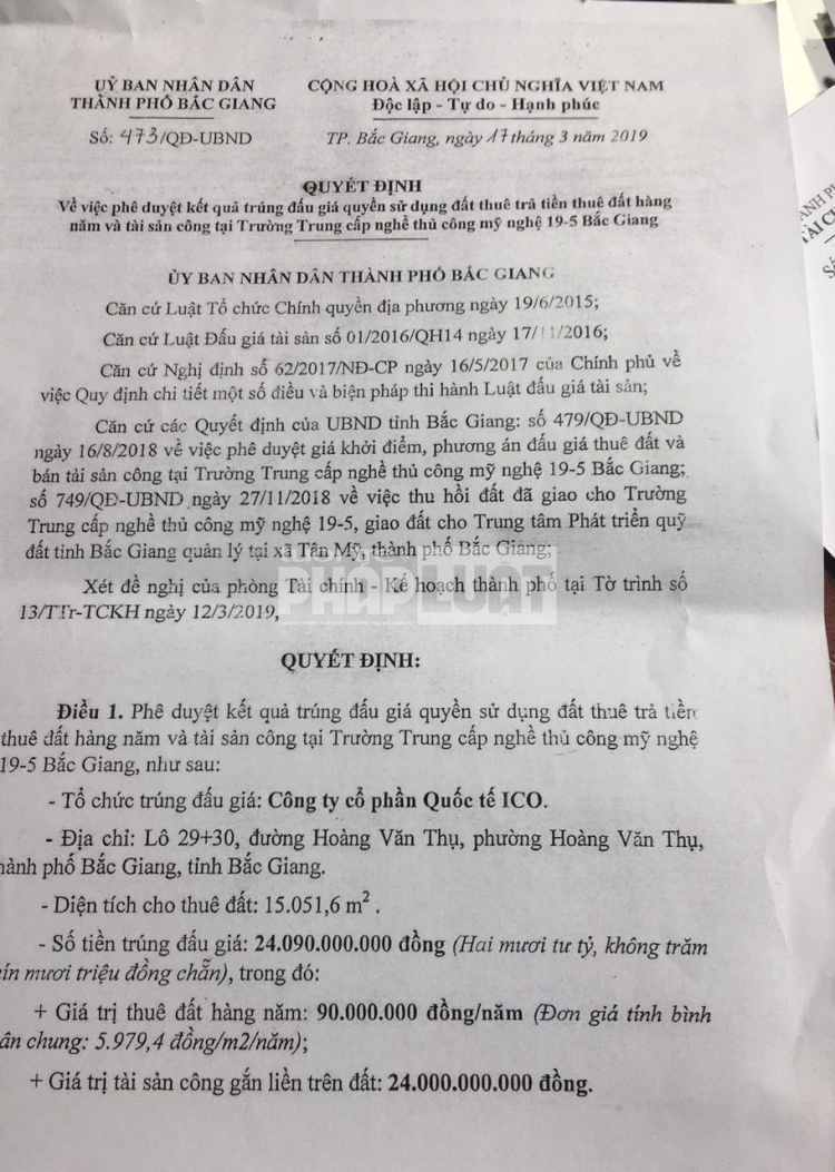 Công ty Cổ phần quốc tế ICO là đơn vị trúng đấu giá và thuê diện tích đất 15.051,6m2 với giá 5.979,4 đồng/m2/năm