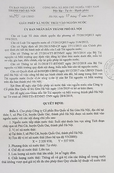 Giấy phép xả nước thải vào nguồn nước do UBND TP Hà Nội cấp