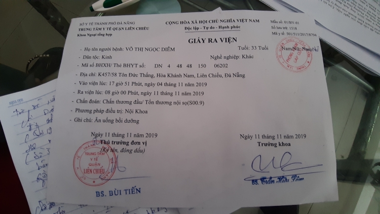 Giấy ra viện do chị Diễm cung cấp