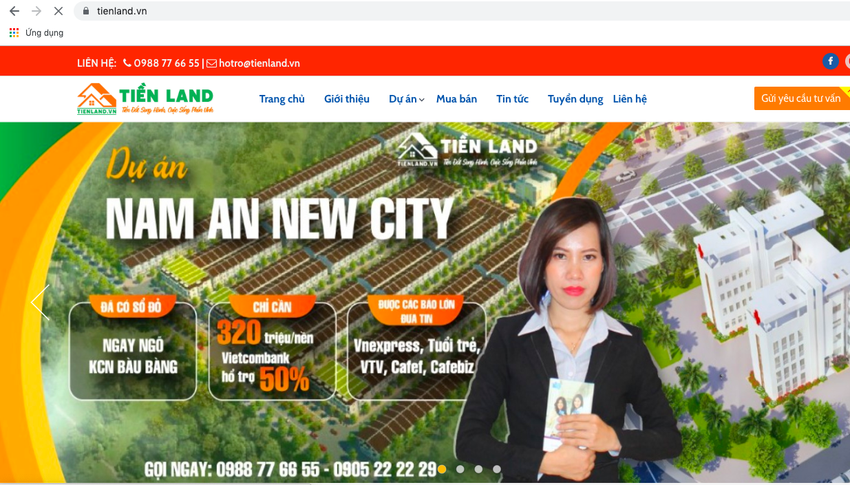 Trang Website của Công ty Tiền Land đang có thông tin mời chào mua bán dự án Nam An New City