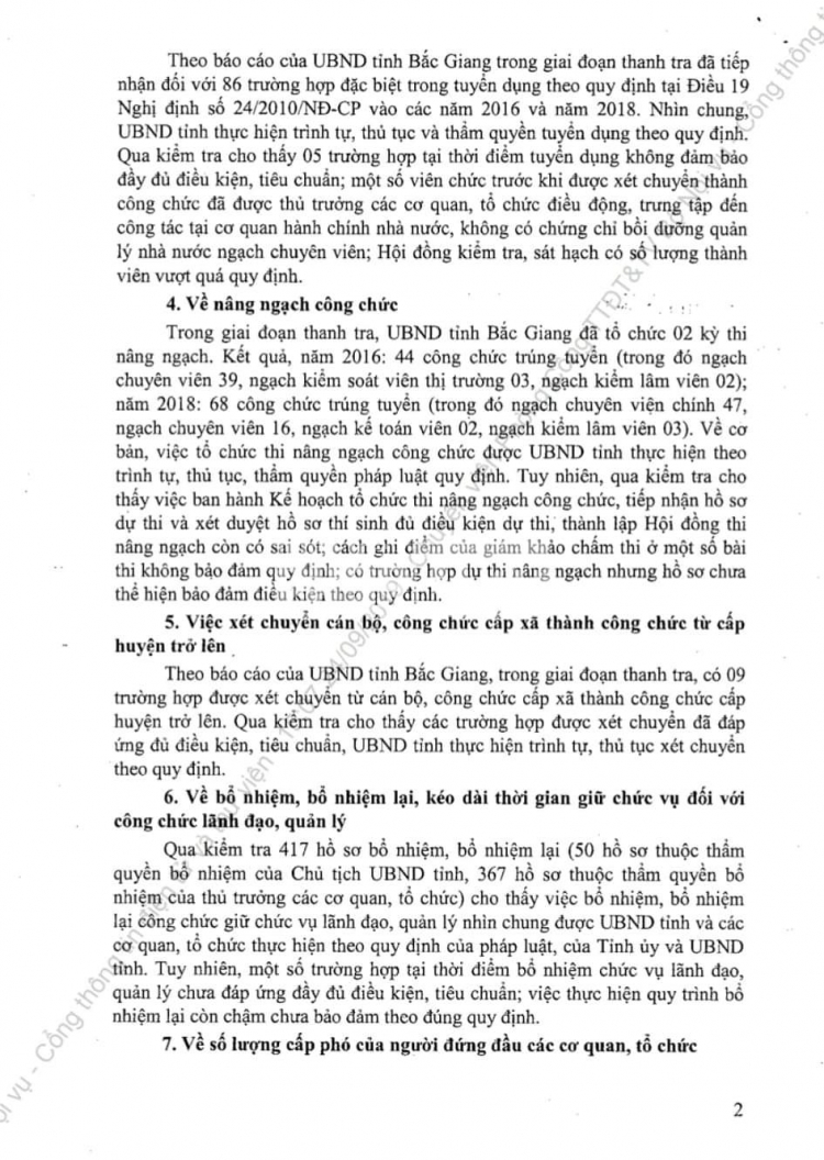 Thanh tra Bộ Nội vụ qua kiểm tra đã chỉ rõ có 5 trong tổng số 86 trường hợp đặc biệt tại thời điểm tuyển dụng không đảm bảo đầy đủ điều kiện các quy định của pháp luật về quản lý biên chế công chức tại tỉnh Bắc Giang.