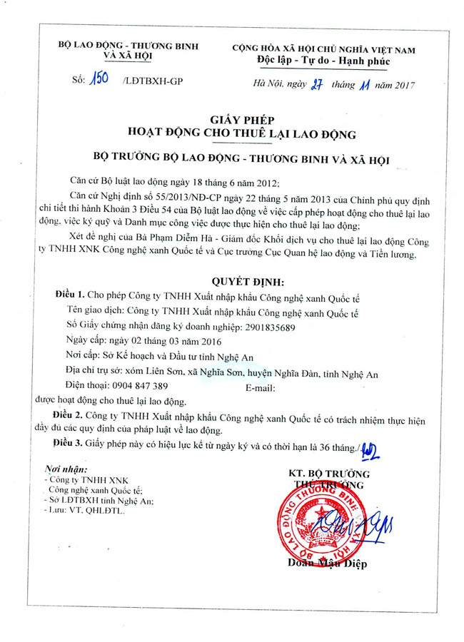 Giấy phép hoạt động cho thuê lại Lao động của Công ty TNHH Xuất nhập khẩu Công nghệ Xanh quốc tế