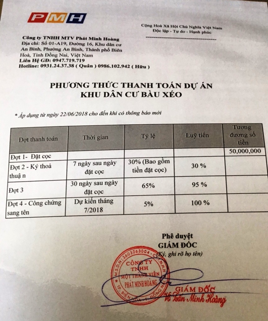 Công ty Phát Minh Hoàng đã mở bán từ tháng 6/2018 và theo giai đoạn đóng tiền thì đến cuối tháng 7/2018 sẽ ra sổ nhưng đến nay khách hàng phải đợi.