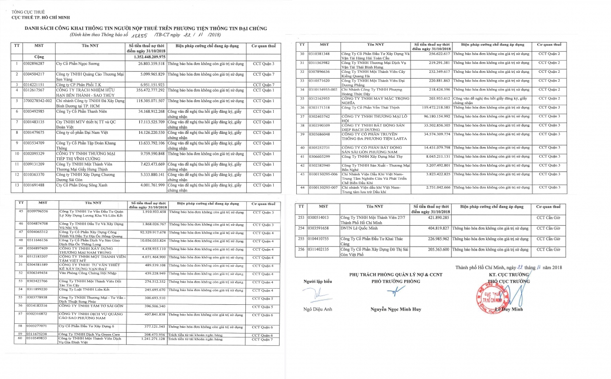 Danh sách các công ty nợ thuế do Cục Thuế TP HCM công bố.