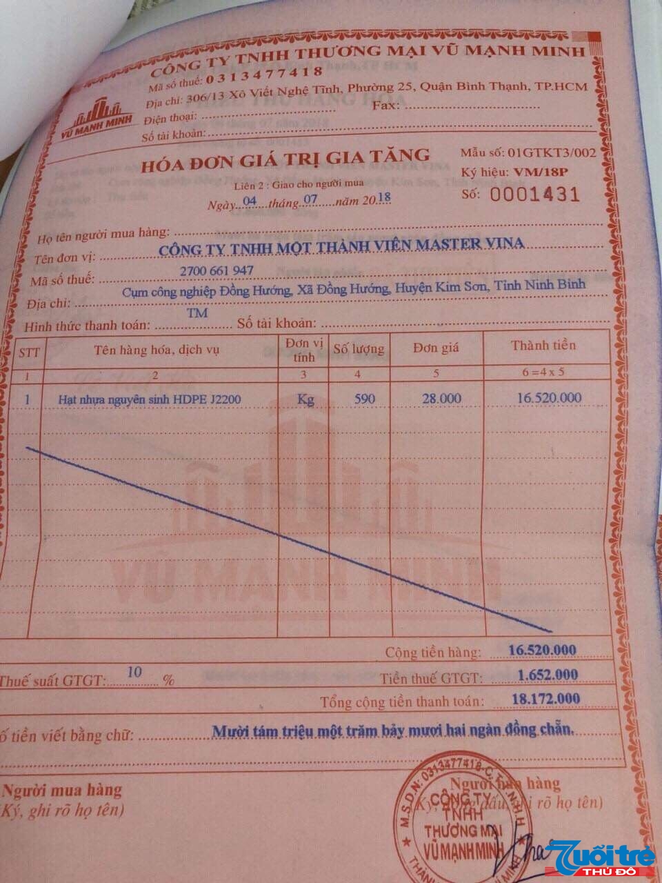 Hóa đơn mua bán hạt nhựa với công ty TNHH Thương mại Vũ Mạnh Minh