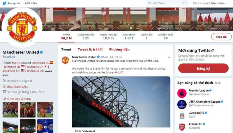 Trang Twitter của câu lạc bộ bóng đá Manchester United cũng chính thức đưa tin sự kiện này