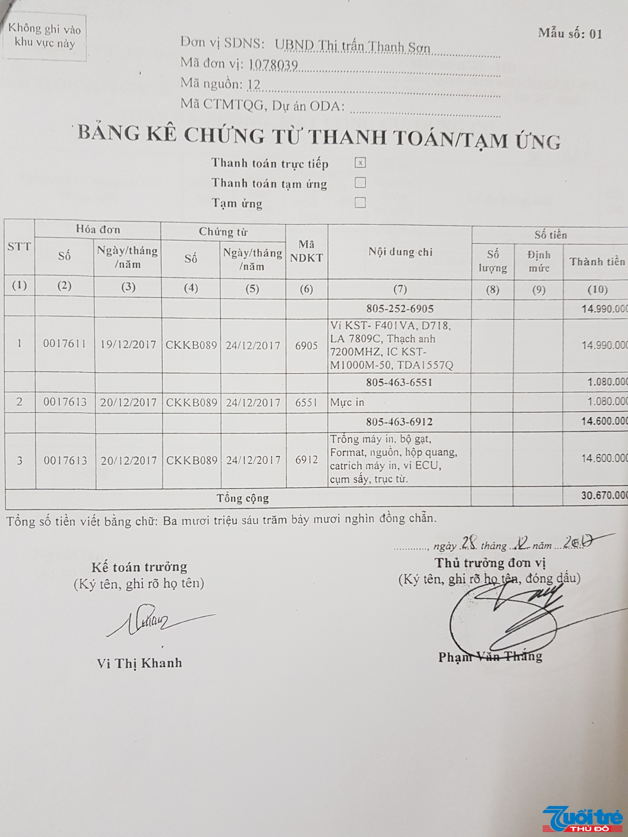 Bảng kê chứng từ thanh toán hợp đồng của UBND thị trấn Thanh Sơn cho cửa hàng máy tính Duy Hưng và không quên 'cắt' 5% cho chủ cửa hàng