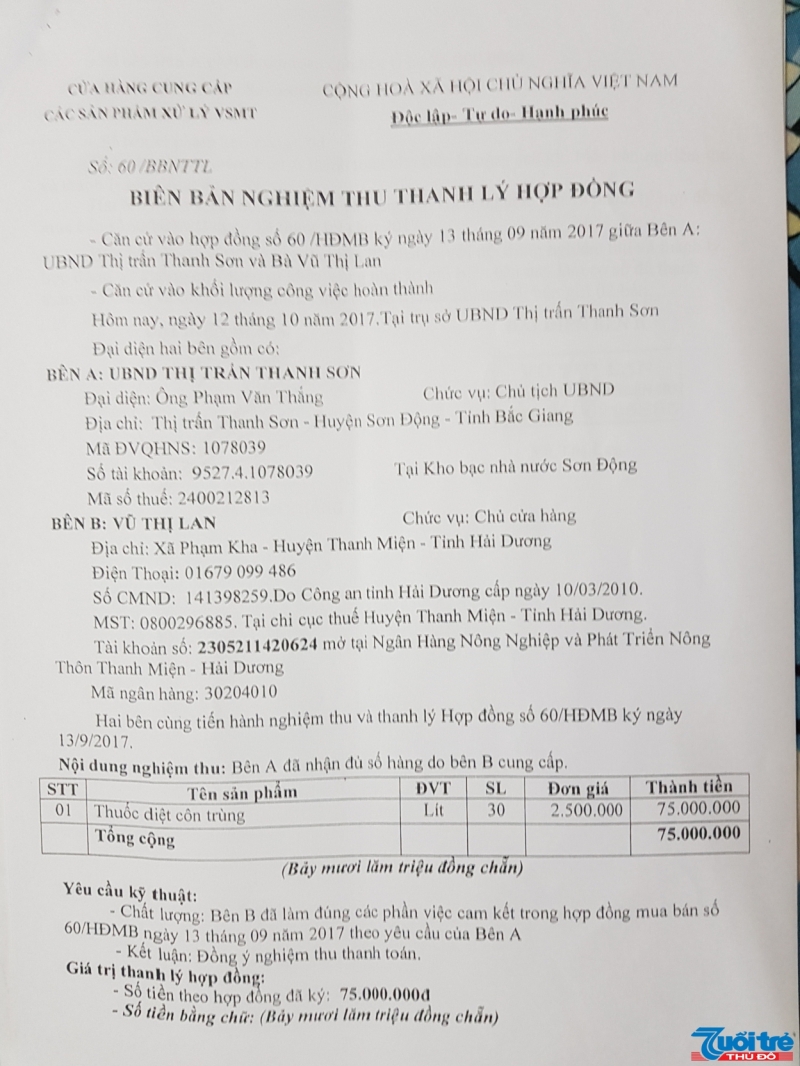 UBND Thị trấn Thanh Sơn mua hóa chất diệt khuẩn môi trường nhưng lại không biết đó là loại thuốc gì ... và đã chuyển 113 triệu đồng cho một cá nhân ở tỉnh Hải Dương