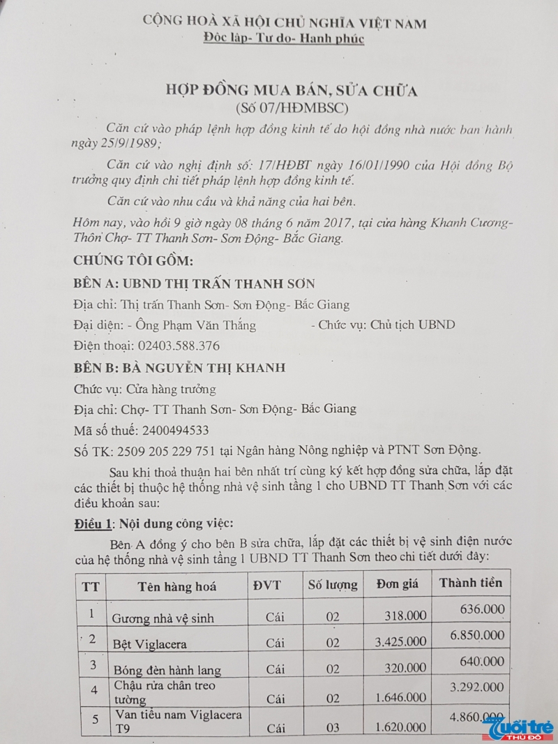 Hợp đồng ký kết mua bán, sửa chữa giữa ông Thắng - Chủ tịch UBND Thị trấn Thanh Sơn với con dâu là bà Nguyễn Thị Khanh - Phó chủ tịch hội Phụ nữ