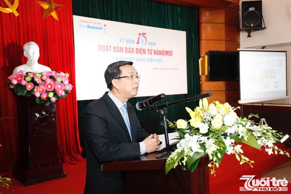 Nhà báo Nguyễn Hoàng Long, Bí thư Đảng ủy, Tổng Biên tập Báo Hànộimới phát biểu tại lễ kỷ niệm