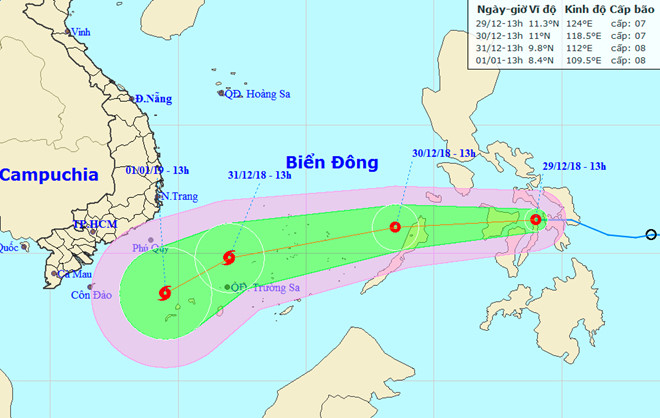 Vị trí đường đi của áp thấp nhiệt đới cập nhật sáng 30/12/2018