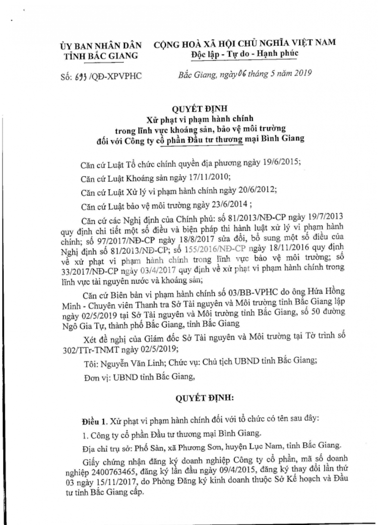 Chủ tịch UBND tỉnh Bắc Giang đã ký Quyết định xử phạt công ty này 390 triệu đồng và tước quyền sử dụng giấy phép khai thác khoáng sản trong thời gian 6 tháng