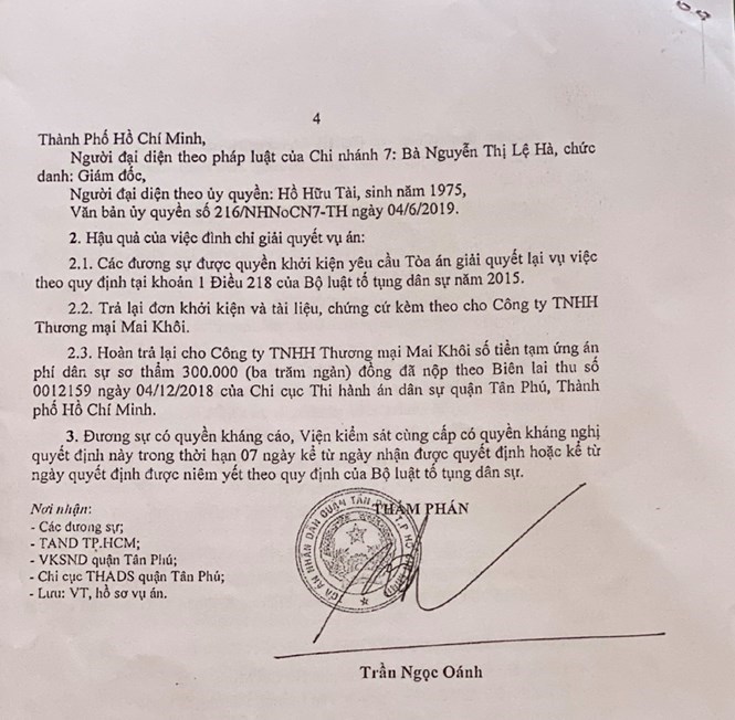 Quyết định đình chỉ giải quyết vụ án dân sự số 198/2019/QĐST-DS ngày 15/7/2019 của Tòa án nhân dân quận Tân Phú TP Hồ Chí Minh.