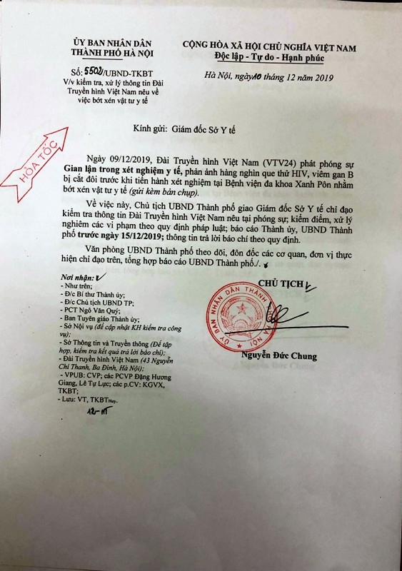 Chủ tịch UBND TP Hà Nội Nguyễn Đức Chung yêu cầu xử lý nghiêm thông tin hàng nghìn que thử HIV, viêm gan B bị cắt đôi trước khi xét nghiệm tại Bệnh viện đa khoa Xanh Pôn