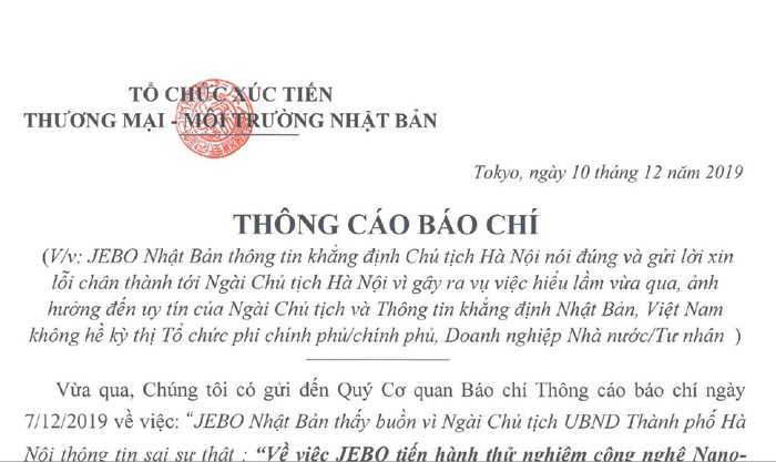 JEBO khẳng định Chủ tịch UBND TP Hà Nội nói đúng và gửi lời xin lỗi