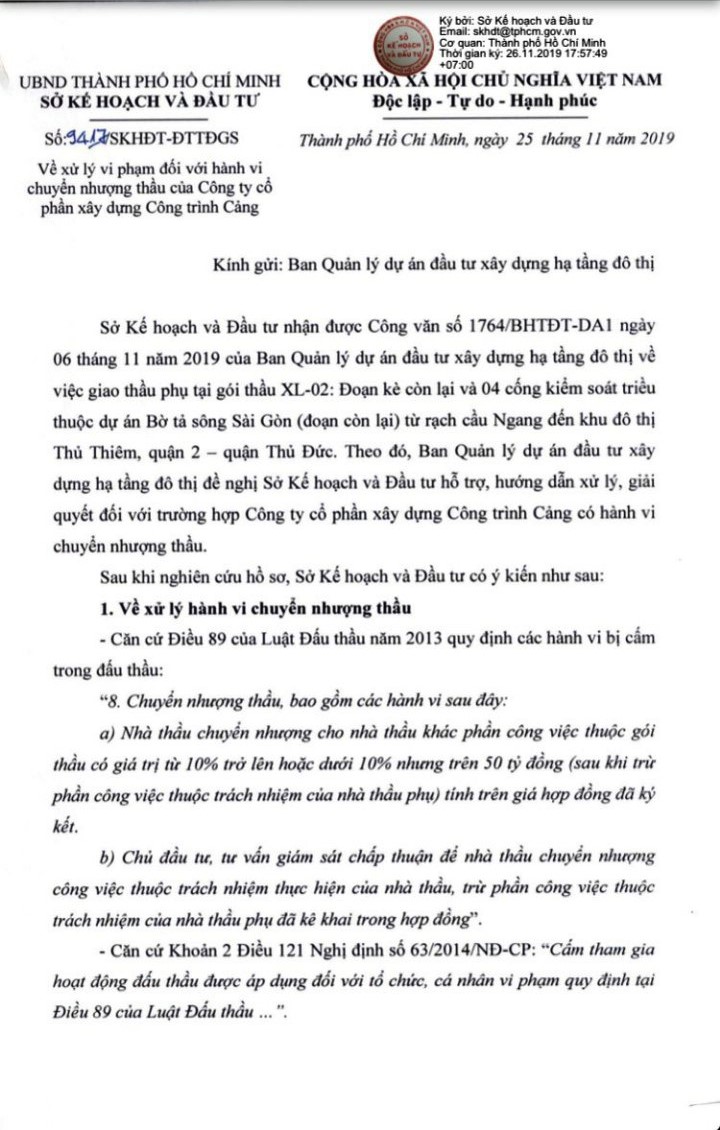 Công văn của Sở KHĐT gửi Ban Quản lý dự án đầu tư xây dựng hạ tầng đô thị về việc xử lý vi phạm đối với hành vi chuyển nhượng thầu của Công ty CP Xây dựng Công trình Cảng