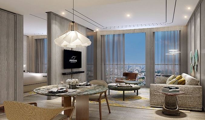 Khu vực phòng khách và phòng ăn của căn hộ 1 buồng ngủ tại Tòa tháp mới của Fraser Suites Hà Nội