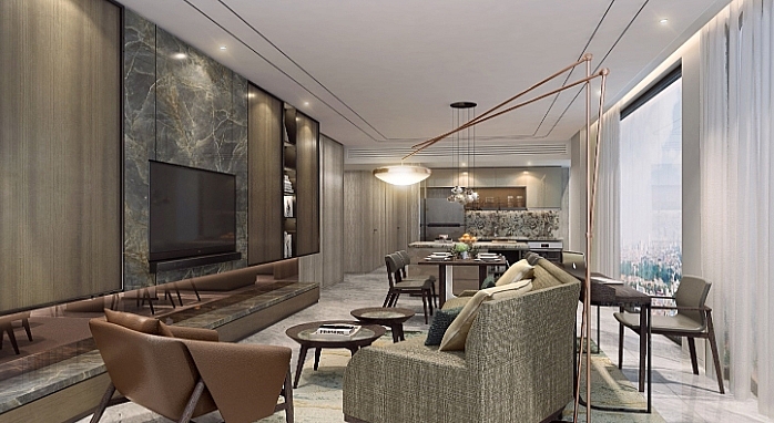 Khu vực phòng khách và phòng ăn của căn hộ 2 buồng ngủ tại Tòa tháp mới của Fraser Suites Hà Nội