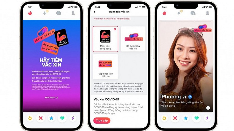 Các thành viên Tinder tại Việt Nam nay có thể thêm tình trạng tiêm chủng trên hồ sơ