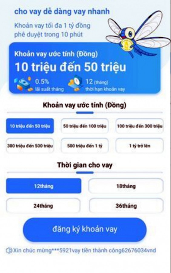 Giao diện của một ứng dụng di động cho vay trực tuyến giả mạo được những kẻ lừa đảo sử dụng.