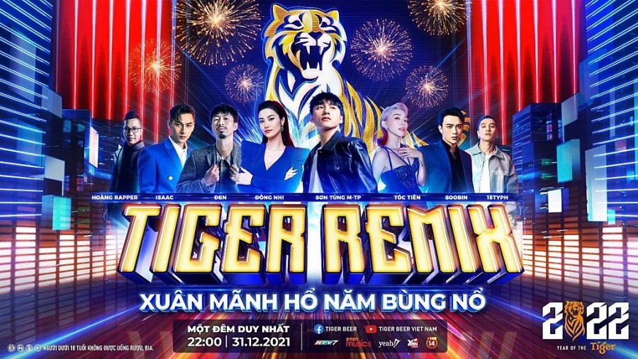 Đại nhạc hội thực tế ảo hoành tráng nhất Việt Nam Tiger Remix 2022 sẽ được phát sóng từ 22:00 đến giao thừa đêm 31/12 để chào đón năm mới “Xuân Mãnh Hổ - Năm Bùng Nổ”
